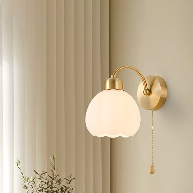 Valentina Nordic Flower Vanity Glass Metal Wall Lamp, Gold/Ivory