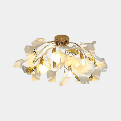 Semi-Flush Mount Ceiling Light Artistic Ginkgo Leaves, White & Gold