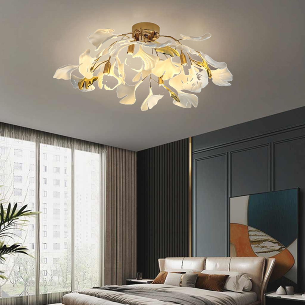 Semi-Flush Mount Ceiling Light Artistic Ginkgo Leaves, White & Gold