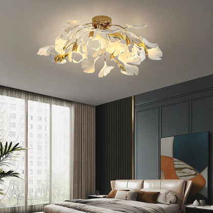 Semi-Flush Mount Ceiling Light Artistic Ginkgo Leaves, White & Gold