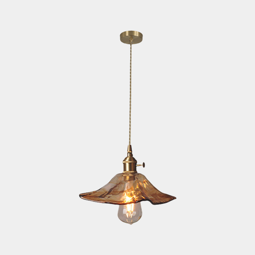 Hanging Pendant Light Vintage Brass Amber Glass