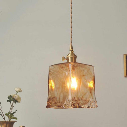 Hanging Pendant Light Vintage Brass Amber Glass