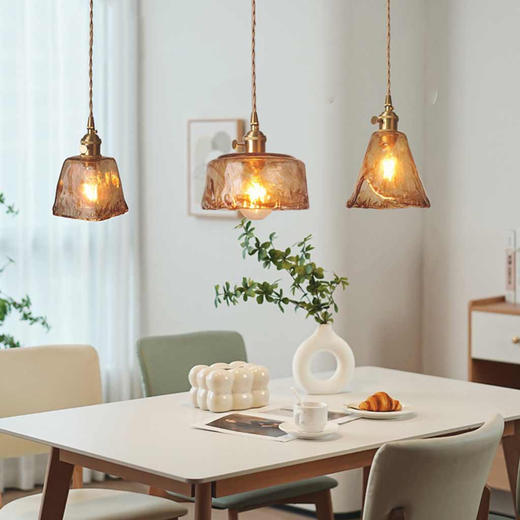 Hanging Pendant Light Vintage Brass Amber Glass
