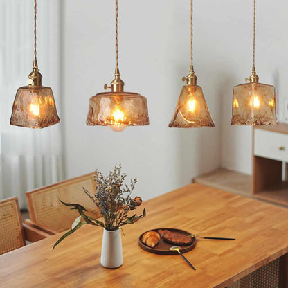 Hanging Pendant Light Vintage Brass Amber Glass