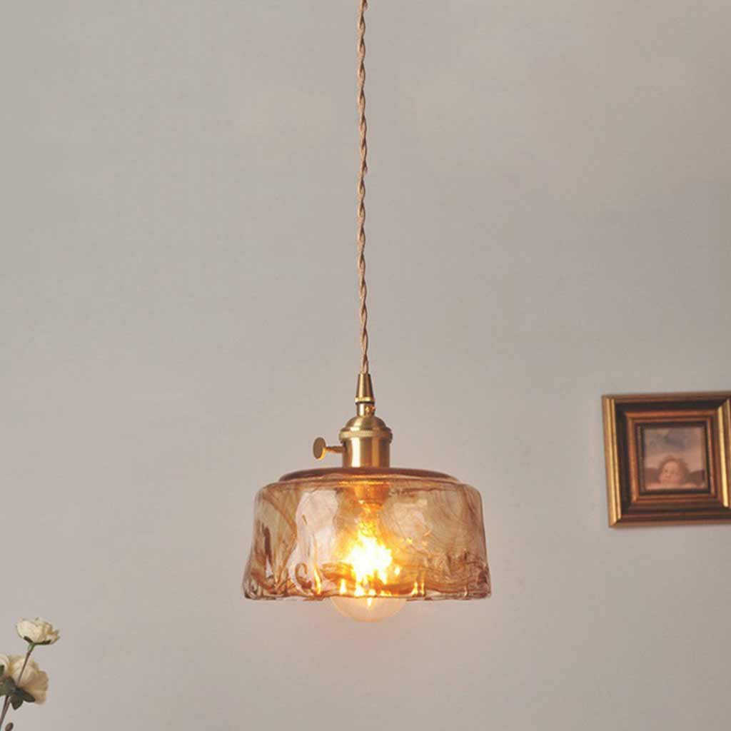 Hanging Pendant Light Vintage Brass Amber Glass