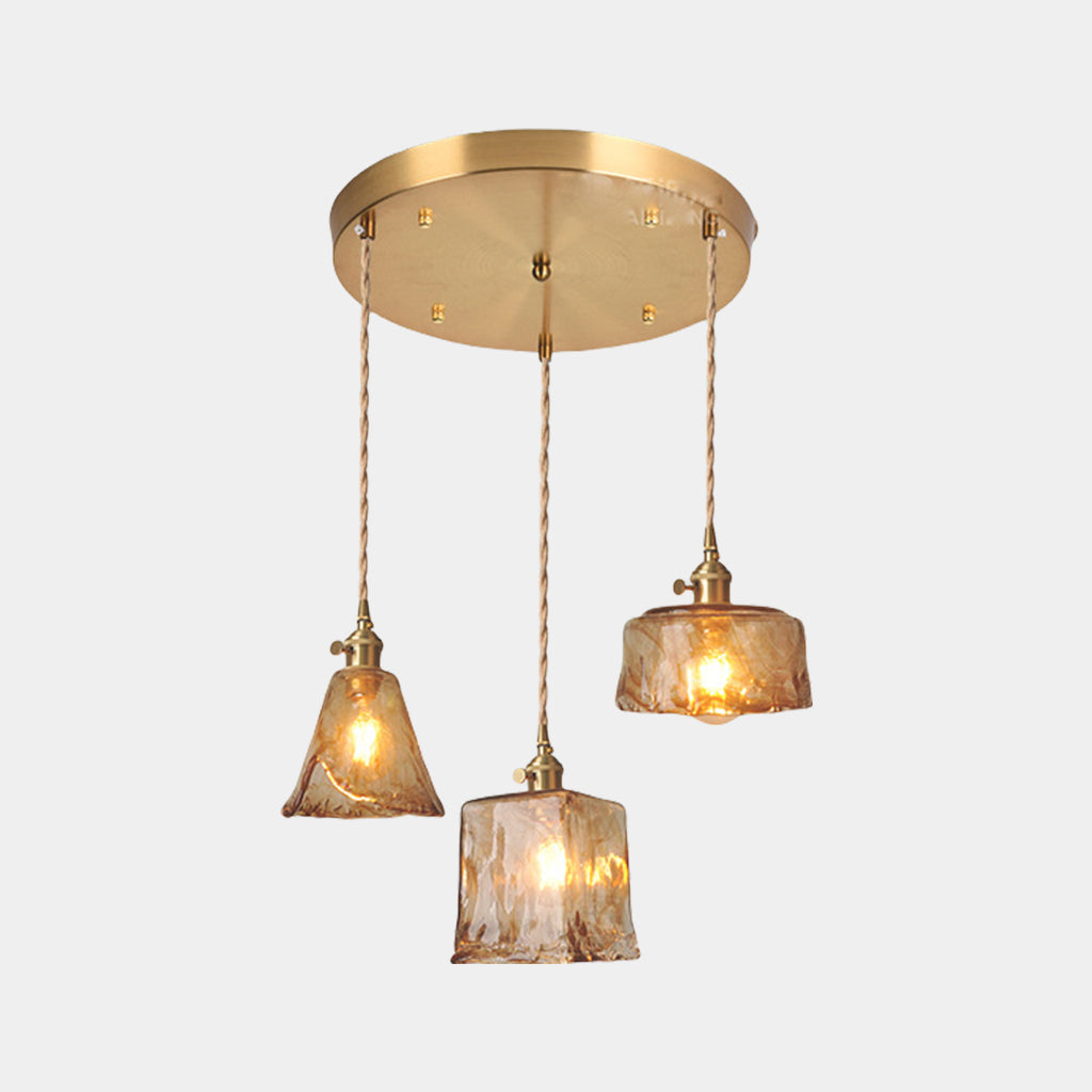 Hanging Pendant Light Vintage Brass Amber Glass