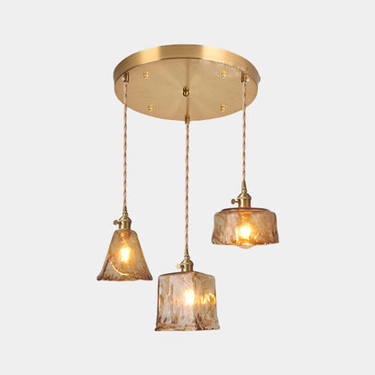 Hanging Pendant Light Vintage Brass Amber Glass