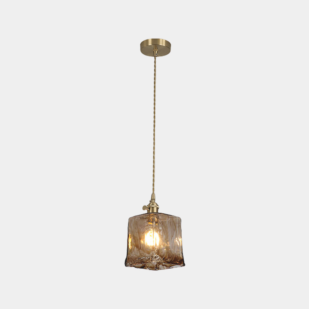 Hanging Pendant Light Vintage Brass Amber Glass