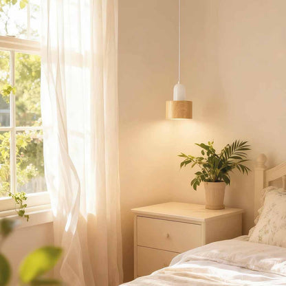 Modern Small Pendant Light White & Wood Grain Iron