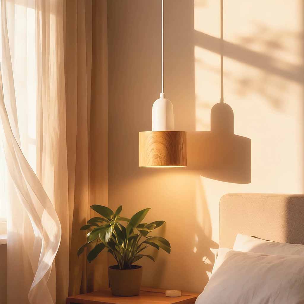 Modern Small Pendant Light White & Wood Grain Iron