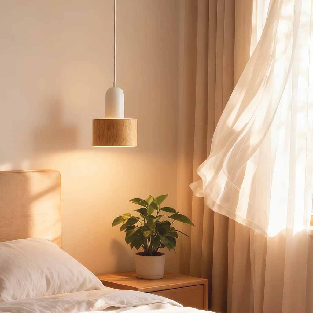Modern Small Pendant Light White & Wood Grain Iron