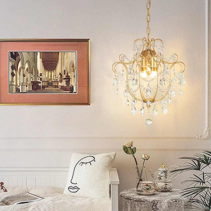 Pendant Chandelier Light French Unique Iron Crystal Drop, Gold