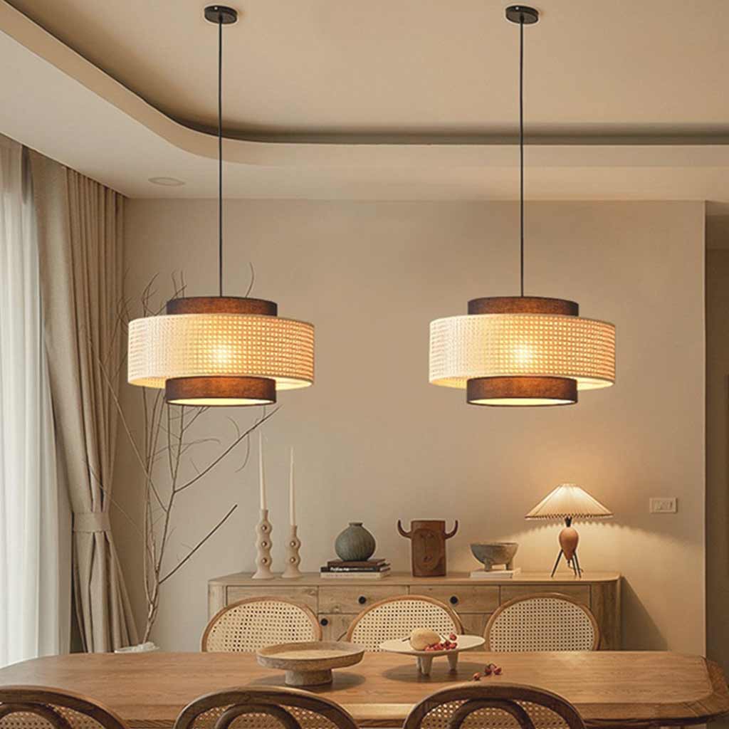 Pendant Light Japandi Retro Round Rattan Fabric Lantern