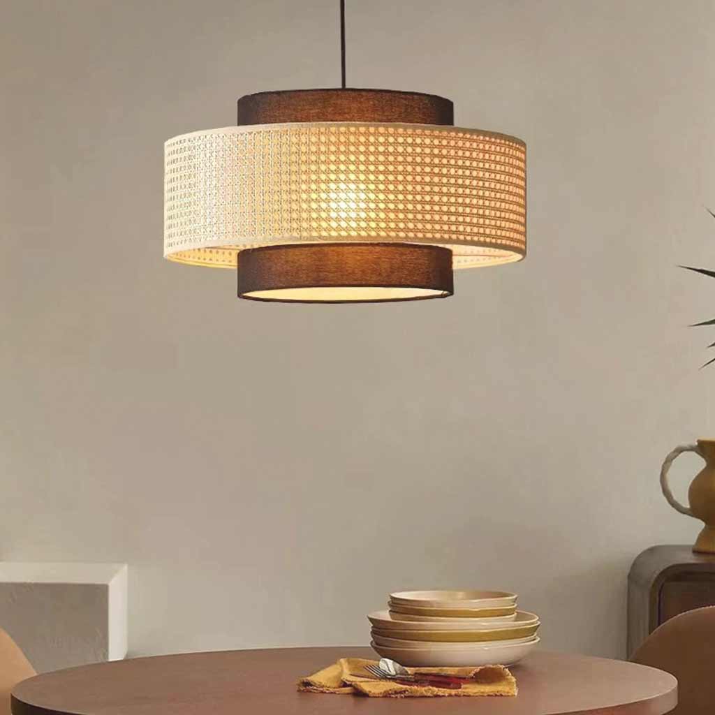 Pendant Light Japandi Retro Round Rattan Fabric Lantern