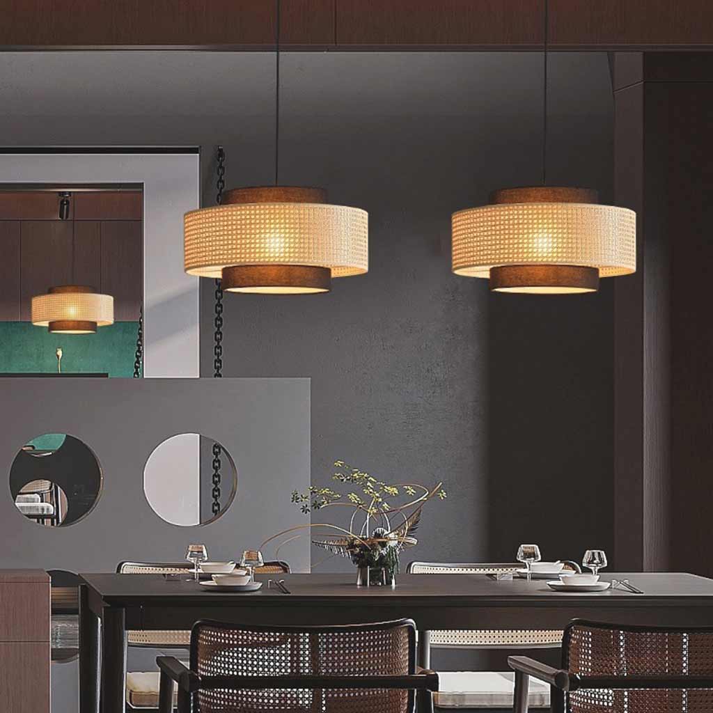 Pendant Light Japandi Retro Round Rattan Fabric Lantern