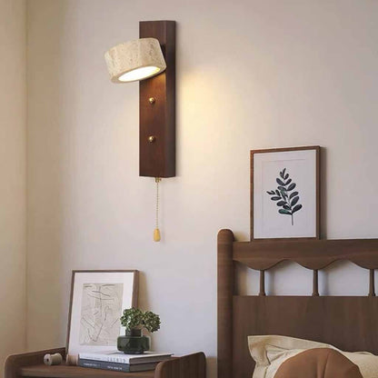 Rectangle Wood Travertine Wall Sconce Light with Pull Chain