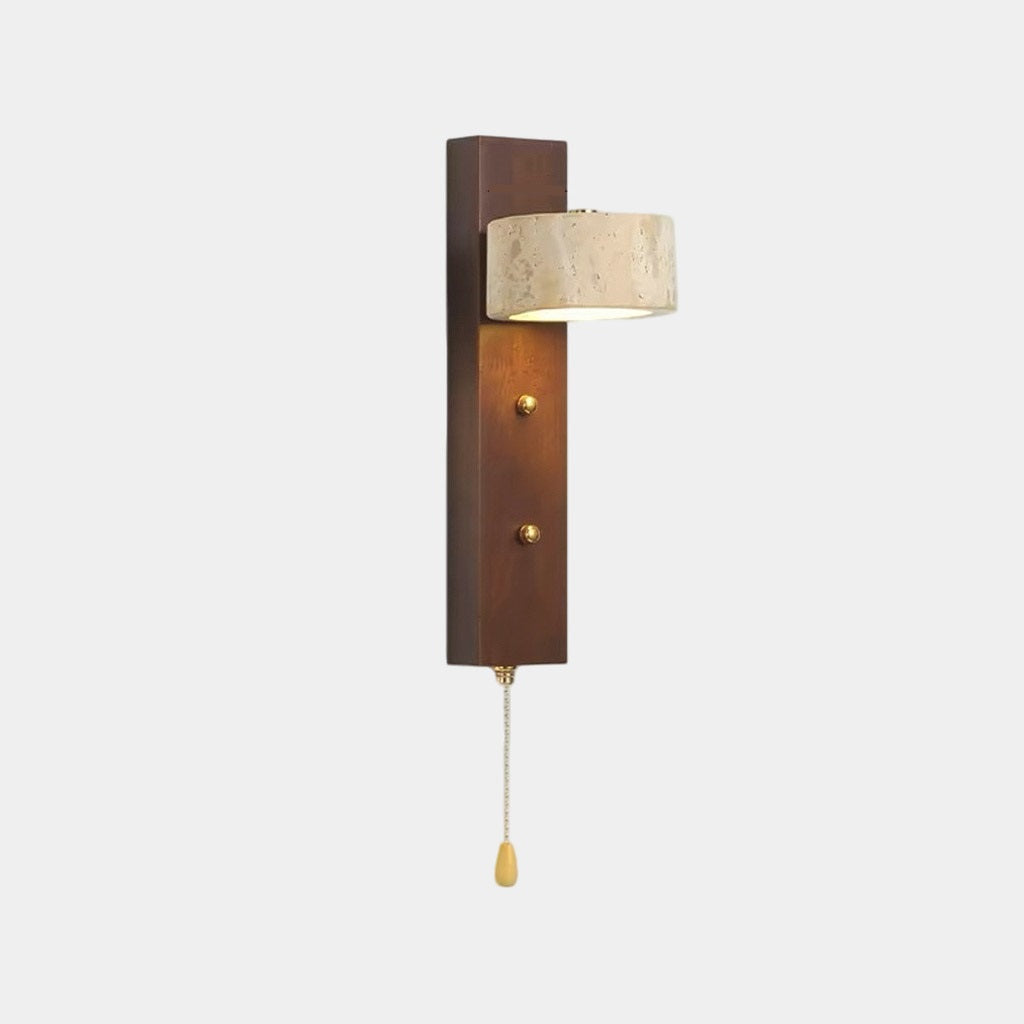 Rectangle Wood Travertine Wall Sconce Light with Pull Chain