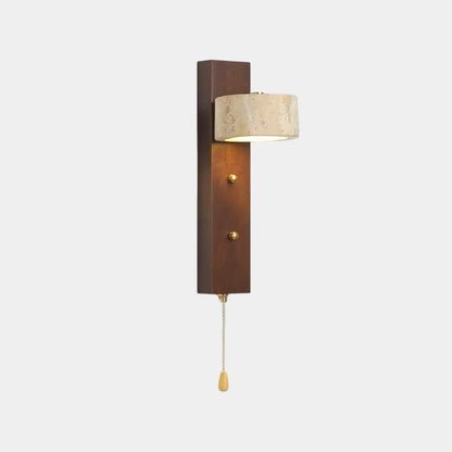 Rectangle Wood Travertine Wall Sconce Light with Pull Chain
