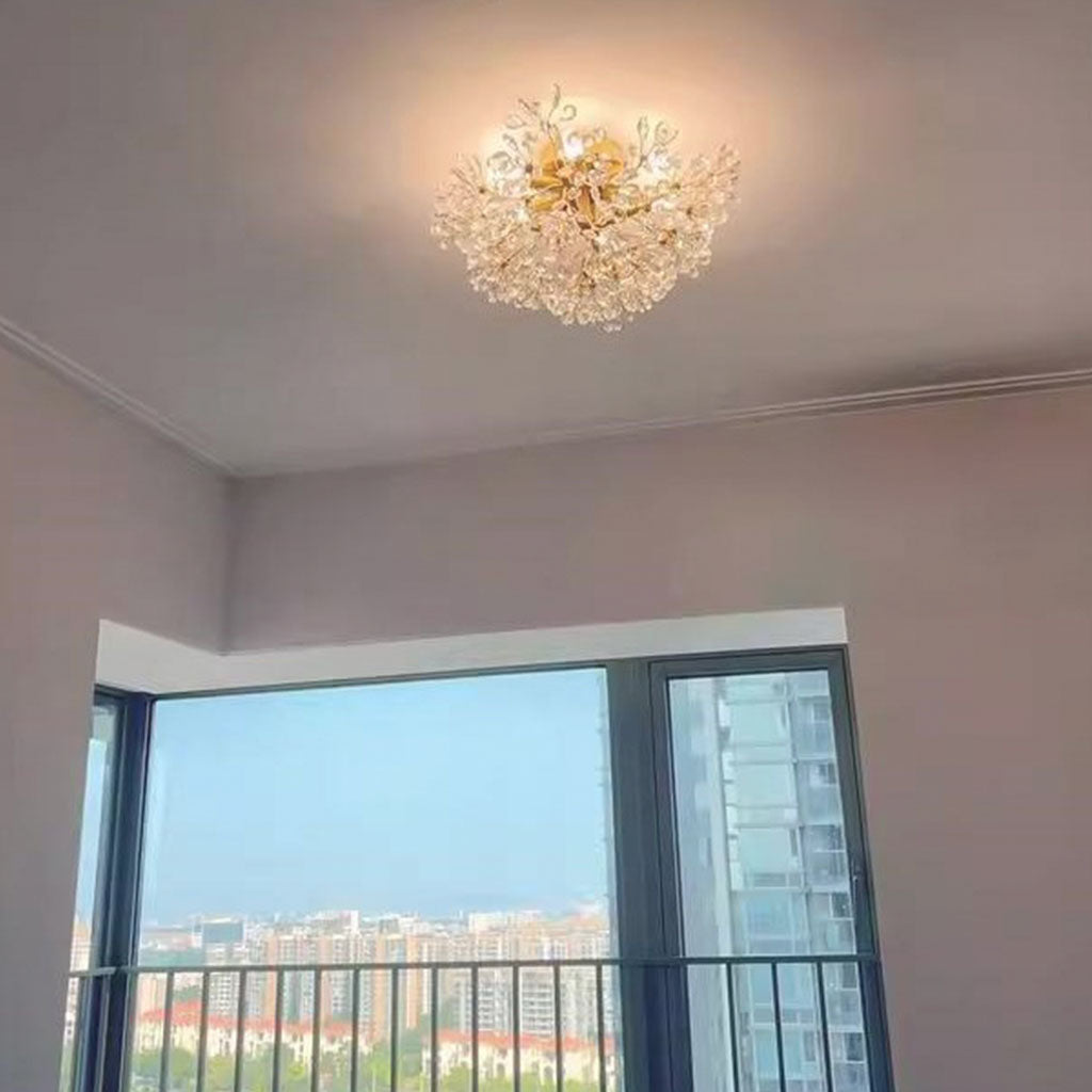 Semi-Flush Ceiling Light French Brass Crystal Flower, Gold