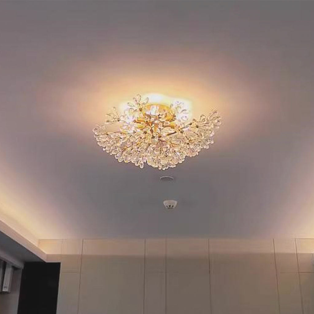 Semi-Flush Ceiling Light French Brass Crystal Flower, Gold