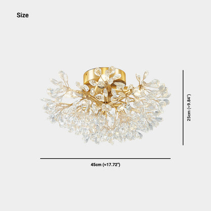 Semi-Flush Ceiling Light French Brass Crystal Flower, Gold