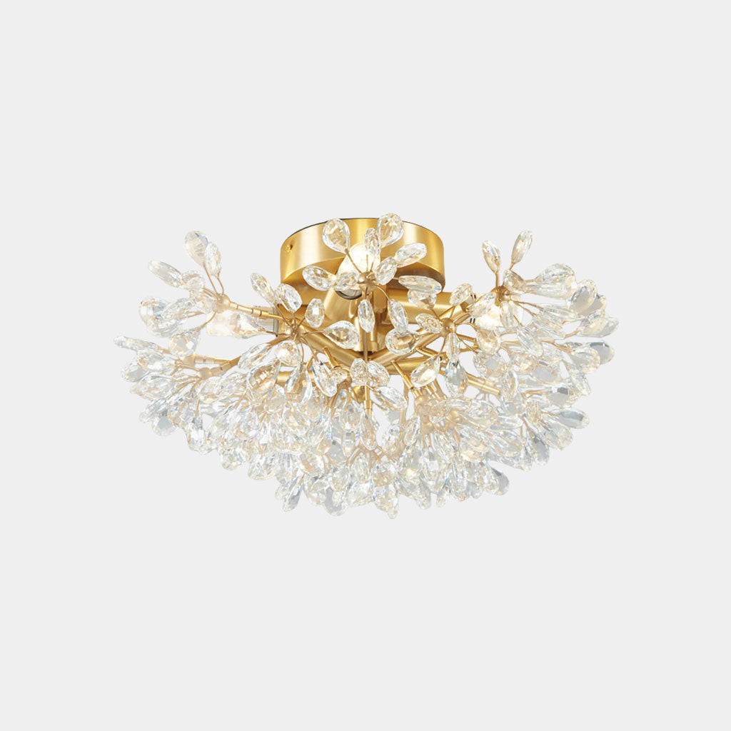 Semi-Flush Ceiling Light French Brass Crystal Flower, Gold
