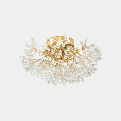 Semi-Flush Ceiling Light French Brass Crystal Flower, Gold