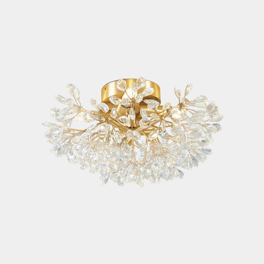 Semi-Flush Ceiling Light French Brass Crystal Flower, Gold