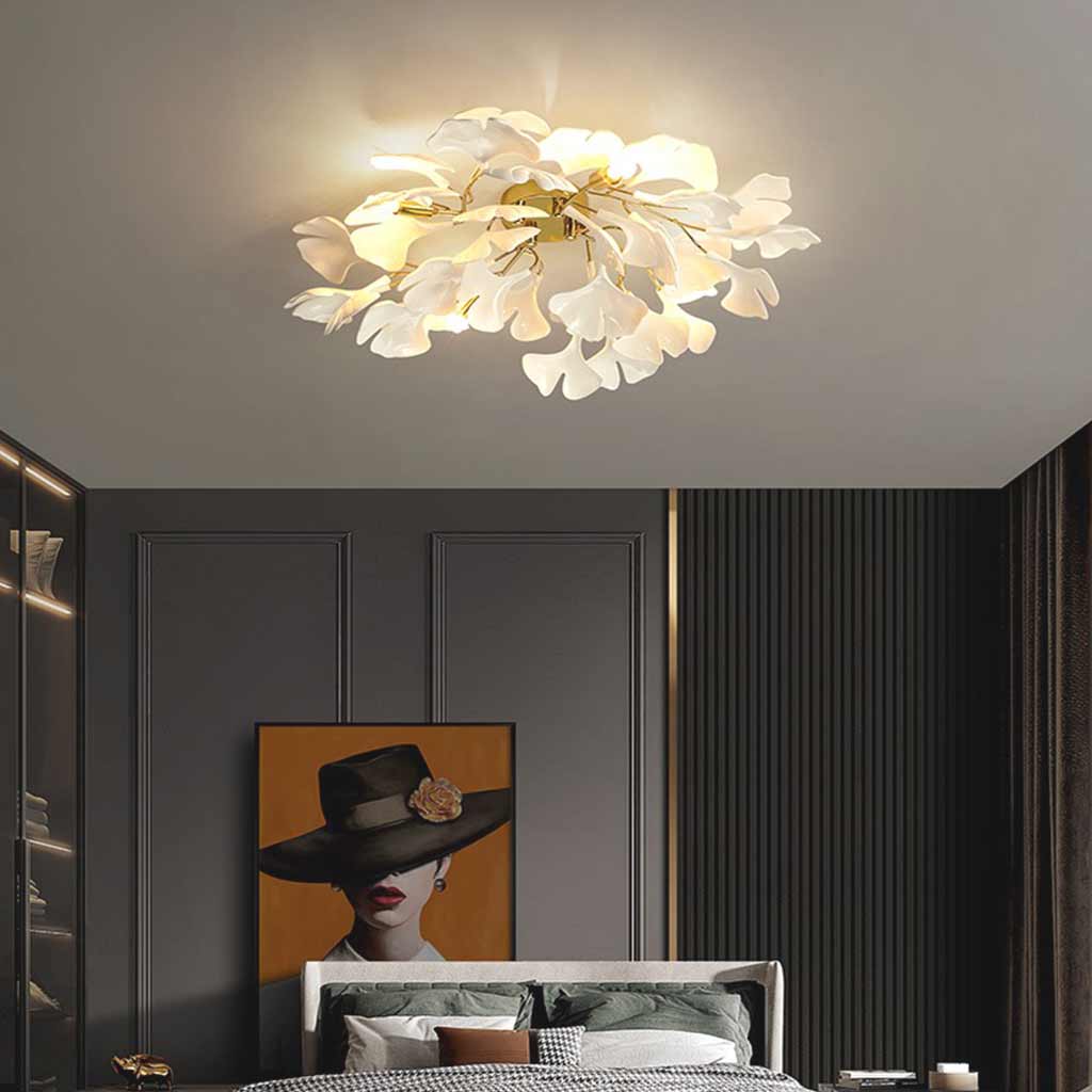 Semi-Flush Mount Ceiling Light Artistic Ginkgo Leaves, White & Gold