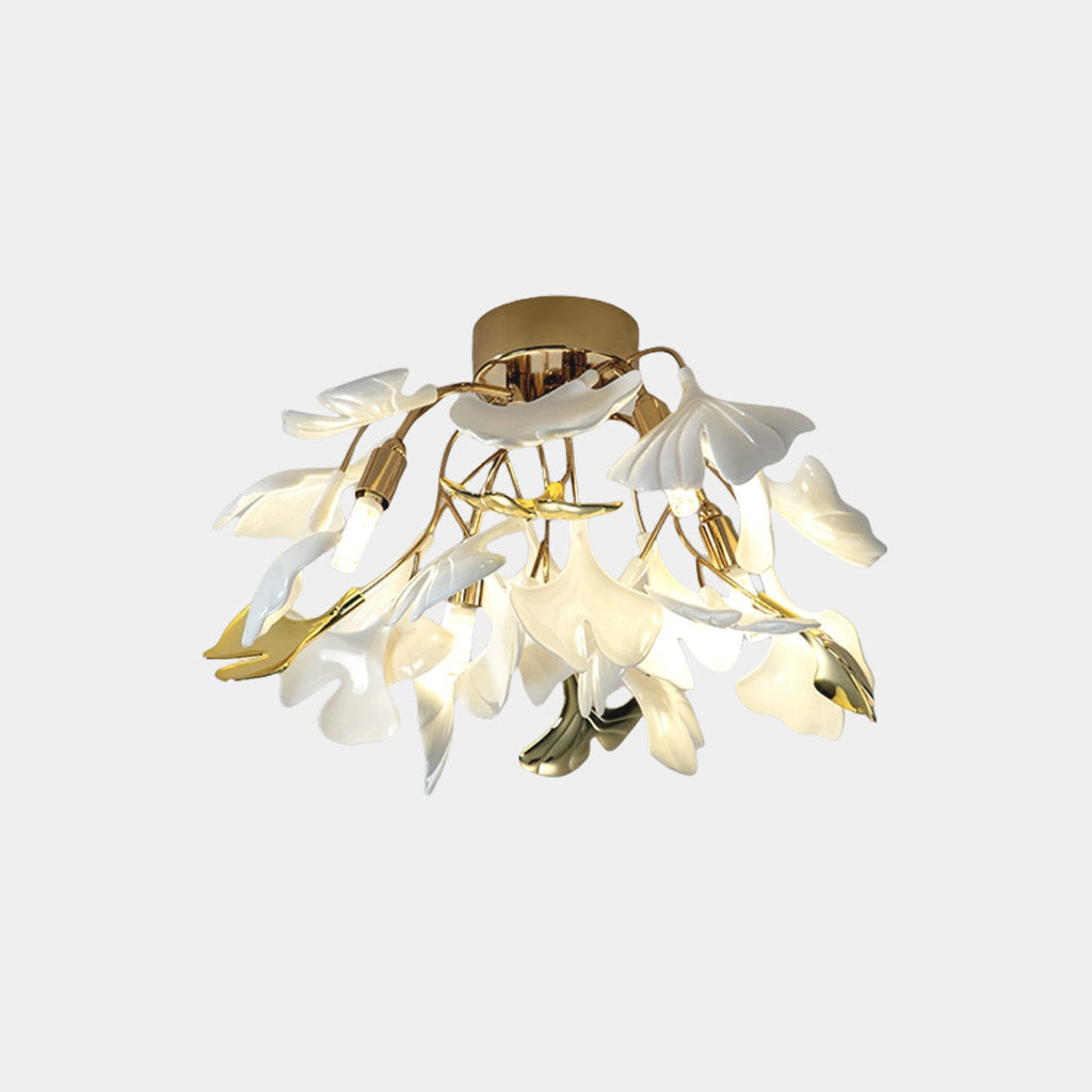 Semi-Flush Mount Ceiling Light Artistic Ginkgo Leaves, White & Gold