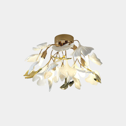Semi-Flush Mount Ceiling Light Artistic Ginkgo Leaves, White & Gold