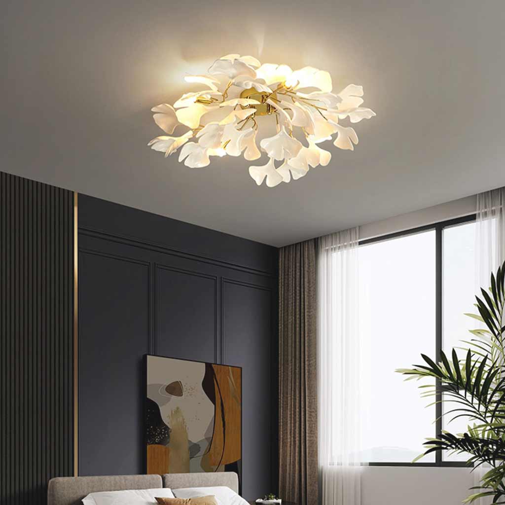 Semi-Flush Mount Ceiling Light Artistic Ginkgo Leaves, White & Gold