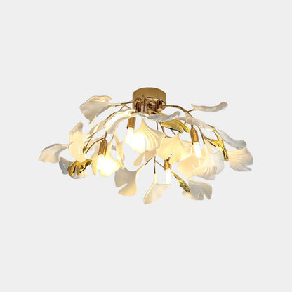 Semi-Flush Mount Ceiling Light Artistic Ginkgo Leaves, White & Gold