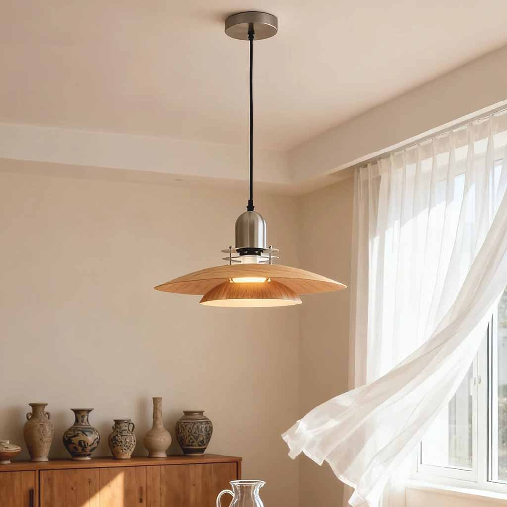 UFO Flying Saucer Pendant Light Wood Grain Iron