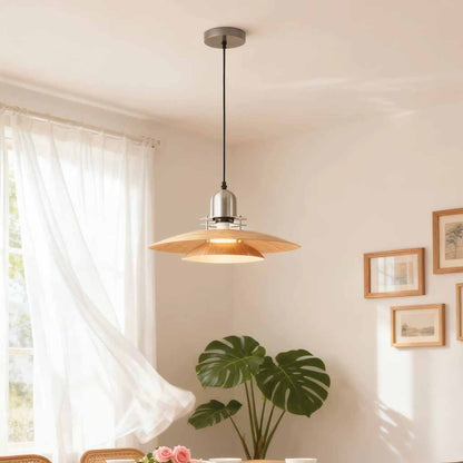 UFO Flying Saucer Pendant Light Wood Grain Iron