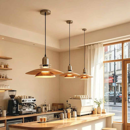 UFO Flying Saucer Pendant Light Wood Grain Iron