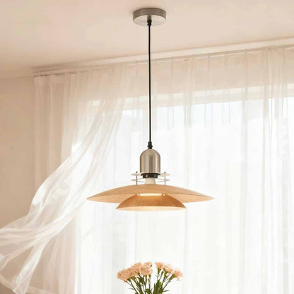 UFO Flying Saucer Pendant Light Wood Grain Iron